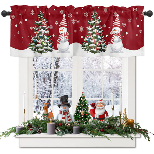 Valance Curtains for Kitchen Windows Christmas Cute Snowman Hat Window Valances Green Tree White Snowflake Window Treatment Rod Pocket Valance for Bedroom Bathroom Laundry Room 42x12 inch, 1 Panel