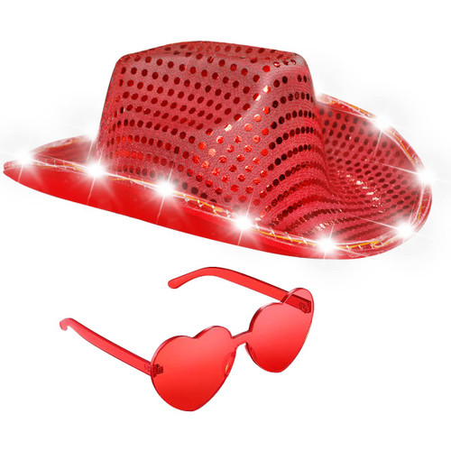 quescu Light Up Cowboy Hat for Women, Men,Space Cowgirl Hat,Metallic Sparkly Cowboy Hats for Party,Halloween Costume Dress Up (Red)