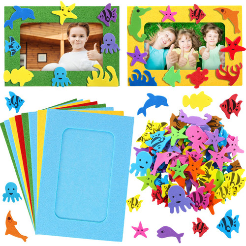 232 Pieces Summer Ocean DIY Picture Frame Craft Kit for Kids, 32 Pieces Under The Sea Felt Photo Frames and 200 Pieces Foam Stickers for Holiday Game Activities Home Classroom Decoration (Fish)