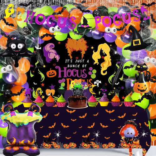 143 PCs Hocus Pocus Party Decorations, Fiesec Halloween Themed Hocus Pocus Witch Party Its Just a Bunch of Hocus Pocus Backdrop Fringe Curtain Glitter Banner Balloon Garland Tablecloth Cake Topper