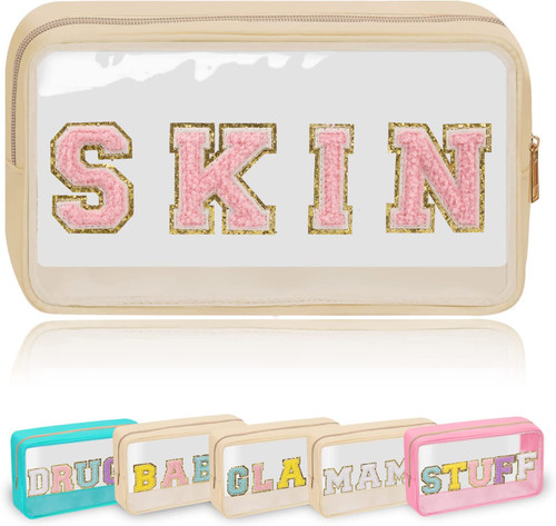 Preppy Makeup Bag with Patches Skin Pouch, Chenille Letter Make Up Bag, Clear Travel Makeup Zipper Pouch Purse, Glitter Travel Toiletry Bag Nylon Organizer Zipper Pouch Cosmetic Purse for Women Girls Preppy Makeup Bag with Patches Skin Pouch, Chenille Letter Make Up Bag, Clear Travel Makeup Zipper Pouch Purse, Glitter Travel Toiletry Bag Nylon Organizer Zipper Pouch Cosmetic Purse for Women Girls