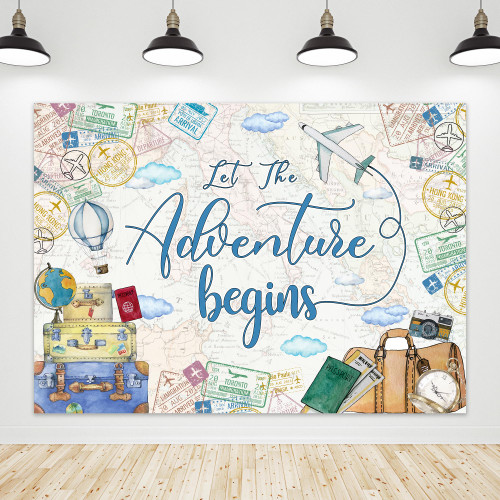 Riyidecor Let The Adventure Begin Backdrop Polyester Fabric World Map Adventure Await Travel Suitcase 7Wx5H Feet Airpalne Hot Ballons Photography Background Birthday Bridal Shower Photo Studio Shoot