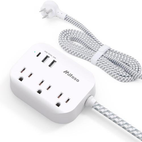 Power Strip USB C Power Delivery 20W - Flat Plug with 3 Outlets 3 USB Ports(1), 5ft Braided Extension Cord, Compact for Cruise Ship, Travel, Home and Dorm