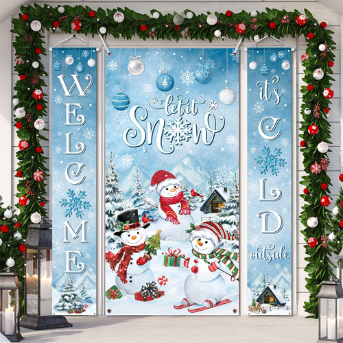 WovWeave 3 Pcs Christmas Snowman Door Cover Decorations Winter Snowflake Door Banner Let It Snow Welcome Porch Sign Holiday Hanging Backdrop for New Year Indoor Outside Front Door Party Supplies