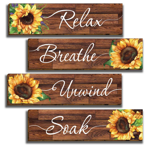 Kadiak 4 Pcs Sunflower Wooden Bathroom Wall Decor, Rustic Wooden Sunflower Signs Hanging Wall Decor for Home Laundry Room Bathroom Spa, Relax Soak Unwind Breathe Wood Sign-9