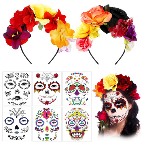 8 Pcs Halloween Rose Flower Headband Day of the Dead Headband Headpiece Mexican Style Flower Crown with Halloween Temporary Face Tattoos Dead Sugar Skull Tattoos for Halloween Party Supplies 8 Pcs Halloween Rose Flower Headband Day of the Dead Headband Headpiece Mexican Style Flower Crown with Halloween Temporary Face Tattoos Dead Sugar Skull Tattoos for Halloween Party Supplies