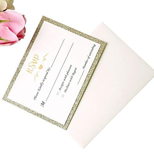 PONATIA 25PCS Laser Cut Hollow Rose with Drill Invitation Card Wedding Bridal Shower Engagement Birthday Graduation Invitation Cards (Champagne Gold RSVP)