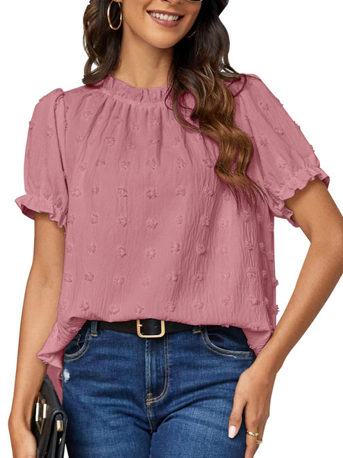 BMJL Women's Work Shirts Business Casual Tops Mock Neck Puff Sleeve Dressy Summer Blouses(M,Red)