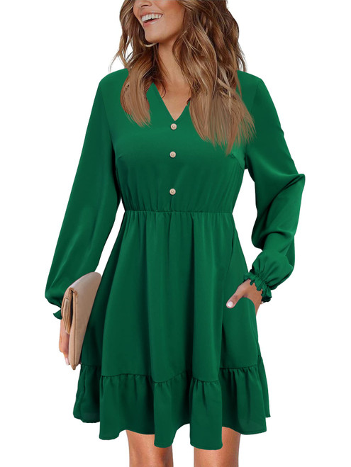 SOLERSUN Women's Cute Babydoll Dress Long Sleeve Flowy Shift Tunic Dress Ruffle Swing Babydoll Party Mini Dress with Pockets (Green S)