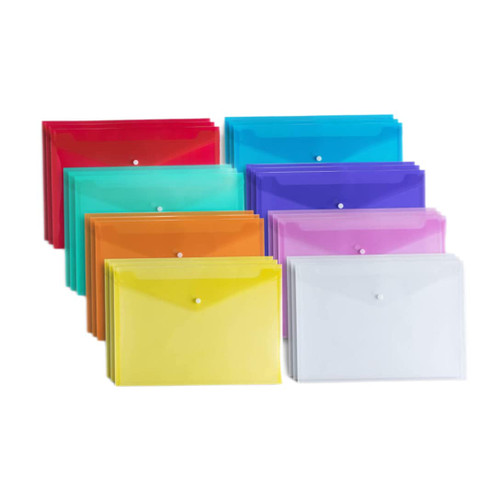 A4 Plastic Wallet Folders 24 Pack Document Wallets A4 Plastic Folders Plastic Envelopes Popper Wallet Document Folder School Folders with Button Closure(8 Colors)