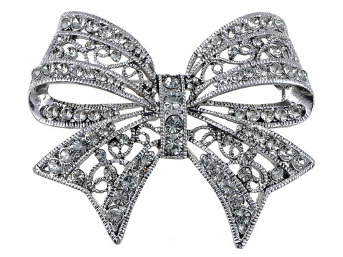 ALILANG Elegant Silvery Tone Bow Ribbon Clear Crystal Colored Rhinestone Brooch Pin for Gift