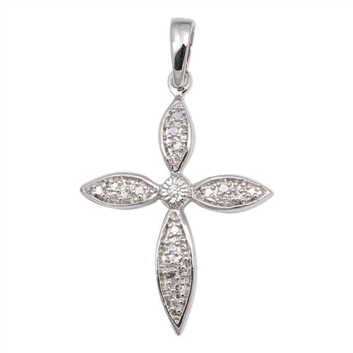Sterling Silver Studded Delicate Flower Cross Pendant Clear Simulated CZ Charm