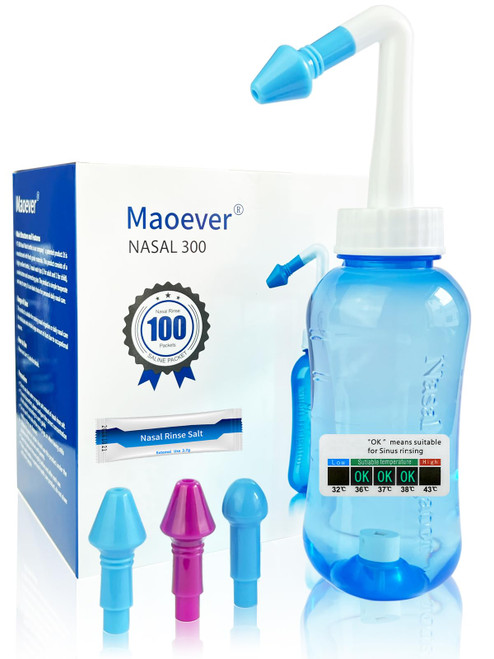 Neti Pot Sinus Rinse Bottle Nose Wash Cleaner Pressure Rinse Nasal Irrigation for Adult & Kid BPA Free 300 ML with Nasal Wash Salt Packets and Sticker Thermometer(Blue)