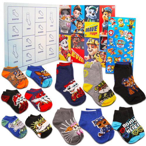 Paw Patrol Advent Calendar Socks 2023 Countdown to Christmas - Bundle with 12 Pairs of Paw Patrol Socks for Boys Size 7-10 Plus Paw Patrol Stickers | Paw Patrol Sock Gift Set for Boys