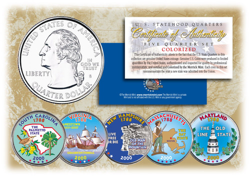 2000 US Statehood Quarters COLORIZED Legal Tender 5-Coin Complete Set w/Capsules 2000 US Statehood Quarters COLORIZED Legal Tender 5-Coin Complete Set w/Capsules