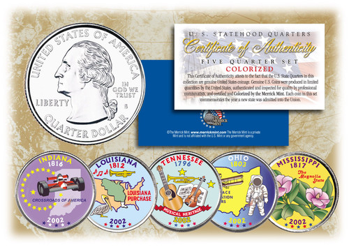 2002 US Statehood Quarters COLORIZED Legal Tender 5-Coin Complete Set w/Capsules 2002 US Statehood Quarters COLORIZED Legal Tender 5-Coin Complete Set w/Capsules
