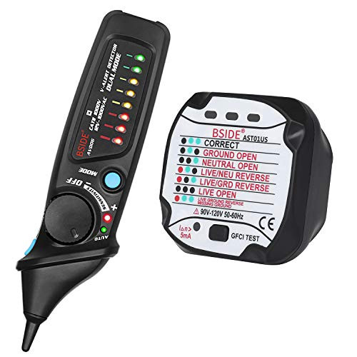 Bside Non-Contact Voltage Detector GFCI Socket Tester Kit Dual Range 12-1000V Electric Power 8 LED AC Voltage Detector Pen with Receptacle Outlet Tester