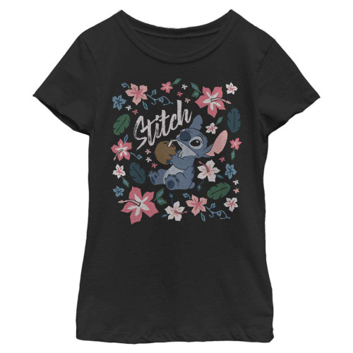 Disney Lilo Tropical Stitch Girl's Solid Crew Tee, Black, Small