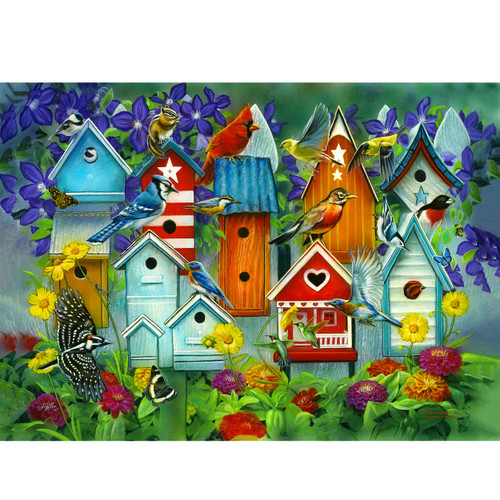 Rivers Edge Products 1000 Piece Puzzle, Jigsaw Puzzle in Tin for Adults, Teenagers, and Kids, Flower and Bird Puzzle, 28 by 20 Inches, Birdhouse Garden