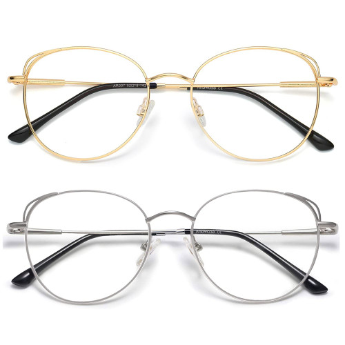 ANDWOOD Blue Light Blocking Glasses Women Cat Eye Computer Eyeglasses Metal Frame Hipster 2 Pack Gold Silver