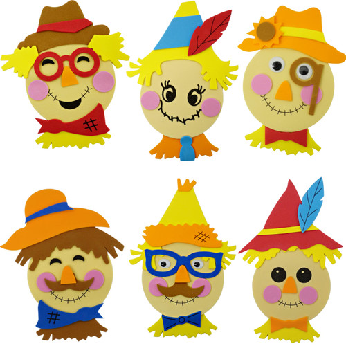 4E's Novelty Scarecrow Fall Crafts for Kids (12 Pack) Foam Self Adhesive, Thanksgiving Crafts for Kids Bulk with Magnet, Fun DIY Activity for ages 3-12