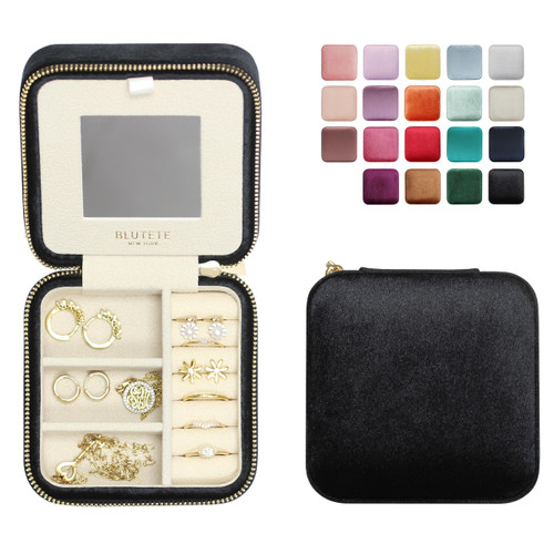 BLUTETE Travel Jewelry Box Organizer Velvet Travel Case With Mirror Rings Earrings Necklaces Storage Organizer Box (Black)