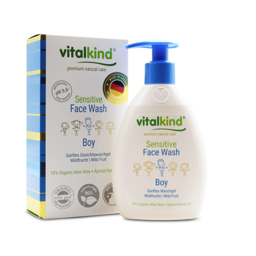 Premium natural cosmetics for boys from vitalkind. Sensitive face wash gel for gentle cleansing of sensitive facial skin