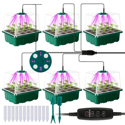 Riokko Seed Starter Tray with Grow Light,6 Pack Seed Starter Kit,Thicken Seedling Starter Trays with Humidity Domes Heightened Lids Plant Germination Trays Germination Kit for Seed Starting