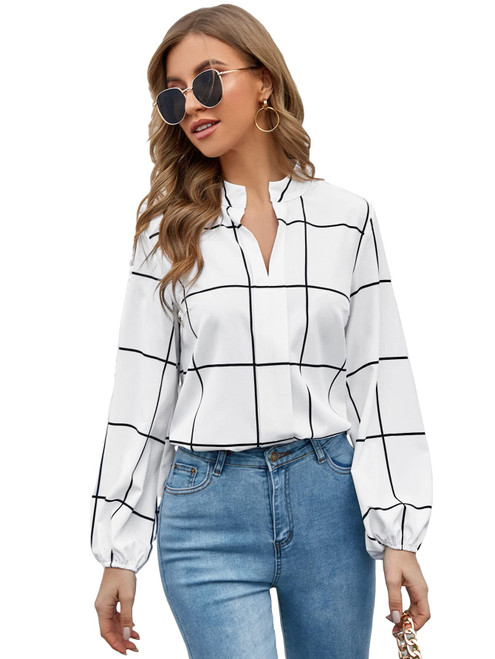 SOLY HUX Women's Plaid Notched V Neck Bishop Long Sleeve Work Office Blouse Tops White L