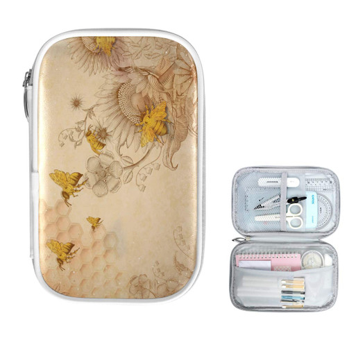 ZZKKO Honey Bee Sunflower Pencil Bag Case Zipper Pencil Holder Organizer Stationary Pen Bag Cosmetic Makeup Bag Pouch Purse for School Office Supplies