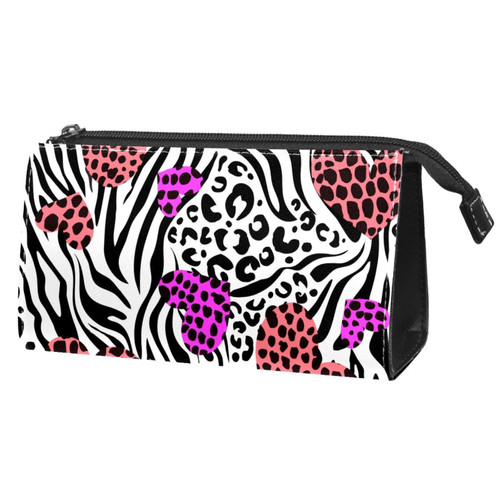 VBFOFBV Large Makeup Bag Zipper Pouch Waterproof Travel Cosmetic Organizer for Women and Girls, Zebra Leopard Animal Print Heart Modern