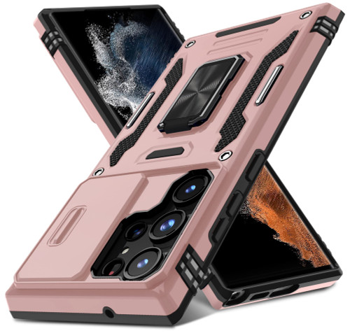 DEERLAMN for Samsung Galaxy S23 Ultra Case with Slide Camera Cover,Built-in Rotated Ring Kickstand [Full Camera Protection] [Military Grade] Heavy Duty Shockproof Protective Case Cover-Rose Gold