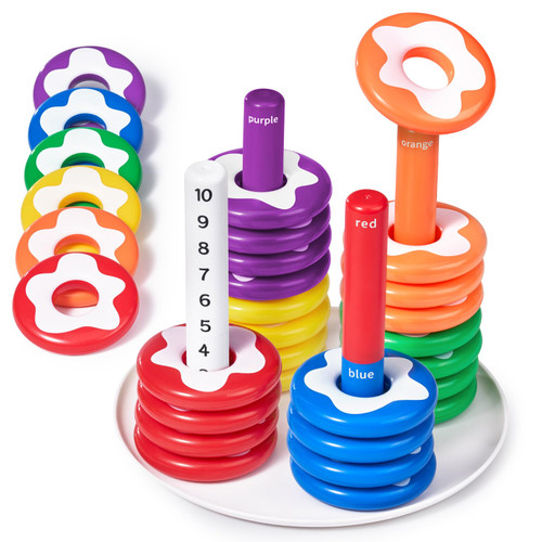 JoyCat Stack & Count Stacking Doughnuts, 30 PCS Colorful Dought Toys for Toddlers Ages 12+ Months with Column Base, Montessori Sorting Stacking Fine Motor Skills Toys