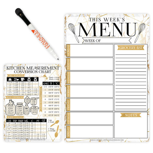 Weekly Meal Planner Dry Erase Board for Refrigerator - Marble Magnetic Weekly Menu Board for Kitchen Conversion Chart Magnet, Magnetic Meal Planner for Refrigerator, Magnetic Menu Board for Fridge