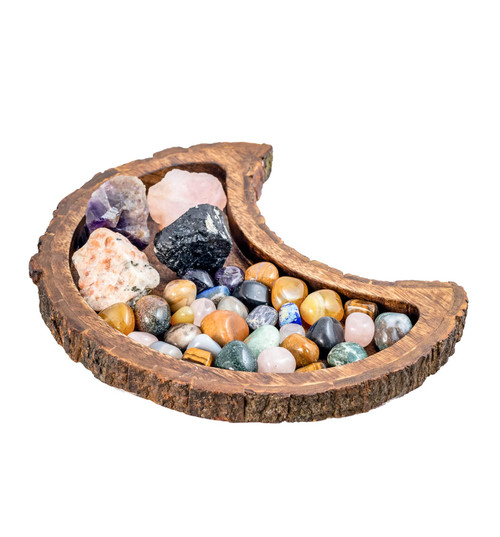 Mie Creations Moon Tray Crystal Holder Rustic Wood 10.5'', Decorative Crescent Moon Tray for Essential Oils, Jewelry Display Organizer, Stones | Vintage Wooden Vanity Tray, Celestial Decor