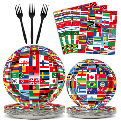 96 Pcs International World Flags Party Supplies Country Flag Paper Plates Travel Trip Around the Globe Party Plates and Napkins Forks World Flags party decorations for Birthday Baby Shower Serves 24
