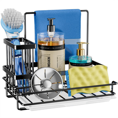 Consumest Sink Caddy Kitchen Sink Organizer, Sponge Holder for Kitchen with Brush+Dishcloth Holder, Stainless Steel Sink Soap Holder Countertop with Drain Tray for Sink Accessories, Black