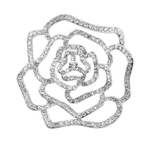 Gyn&Joy Womens Clear Crystal Rhinestones Floral Rose Brooch Pin (Clear Silvery Tone)