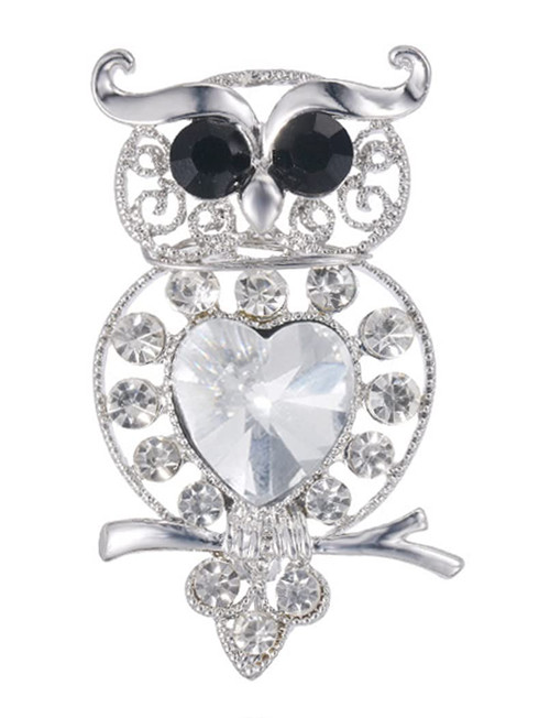 Gyn&Joy Womens Silver Tone Jet Black Eye Clear Crystal Rhinestone Owl Bird Pin Brooch