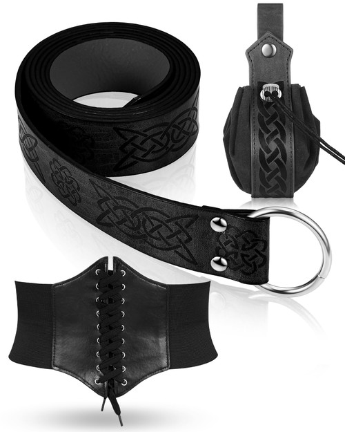 Jiuguva Women's Renaissance Corset Waist Belt Medieval Viking Belt Medieval Leather Belt Pouch Ren Faire Costume Accessories (Black)