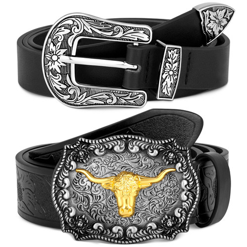 Hoosige 2 Pcs Western Belt for Women Western Leather Buckle Belt Women PU Leather Cowboy Country Vintage Belt for Cowgirl Ladies Jeans Dress Pants Hoosige 2 Pcs Western Belt for Women Western Leather Buckle Belt Women PU Leather Cowboy Country Vintage Belt for Cowgirl Ladies Jeans Dress Pants