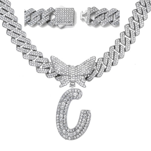 Silver Cuban Link Chain for Women Letter C Necklace Initial Custom Chain Name Necklaces Personalized Necklace Diamond Iced Out Chain Pendants Bling Necklace Hip Hop Chain Jewelry For Women