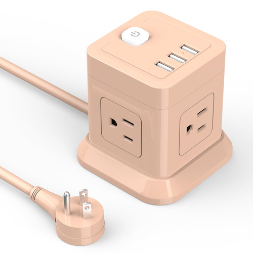 Cube Power Strip, FDTEK 4 Widely Spaced Outlet with 3 USB Flat Plug Power Strips with Long Extension Cords Space Save Compact Portable Power Station for Travel Home Office Cruise (Pink)