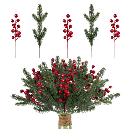 CIEOVO 54 Pieces Christmas Picks, 36 Artificial Pine Needles Branches Garland and 18 Christmas Picks Artificial Red Berry Stems Fake Holly Berries for Christmas Tree 0rnaments DIY Wreath Vase Holiday