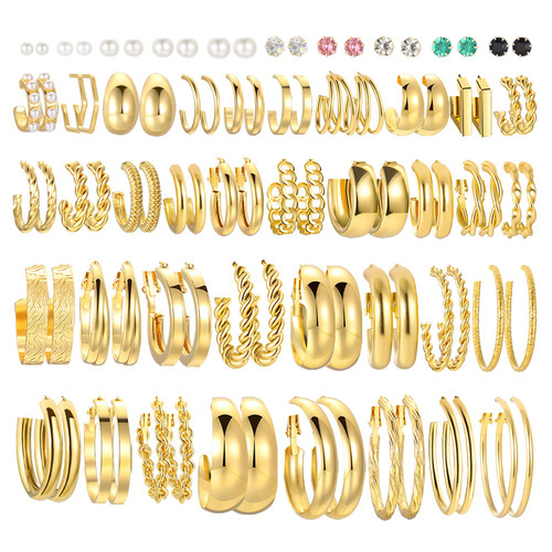 46 Pairs Gold Hoop Earrings Set for Women Girls, Fashion Hypoallergenic Chunky Twisted Pearl Stud Earrings Multipack, Small Big Hoops Earring Packs Trendy for Christmas Birthday Party Jewelry Gift (gold)