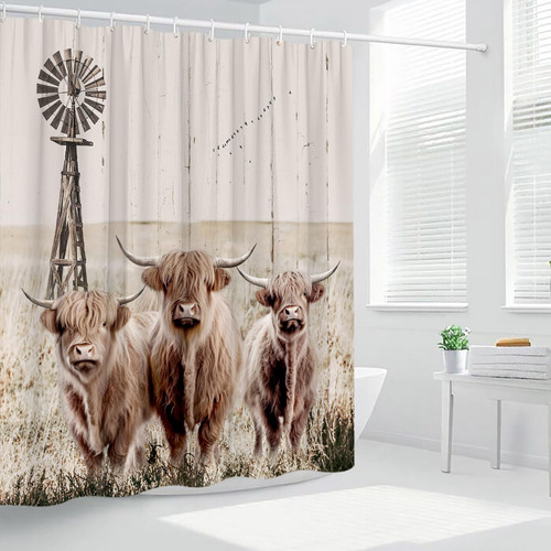 Highland Cow Shower Curtains Rustic Three Cattle Windmill Farm Scenery Farmhouse Bathroom Polyester Fabric Decor Hanging Curtain Set 70x70 Inch Included Hooks