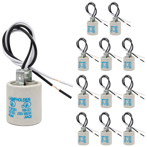 E26 Socket, Ceramic Standard Medium Screw Socket, E26 E27 Bulb Lamp Holder, E26 Light Socket with 12 inch Wire Lead for Halogen Incandescent LED Light Bulb (12 Pack)