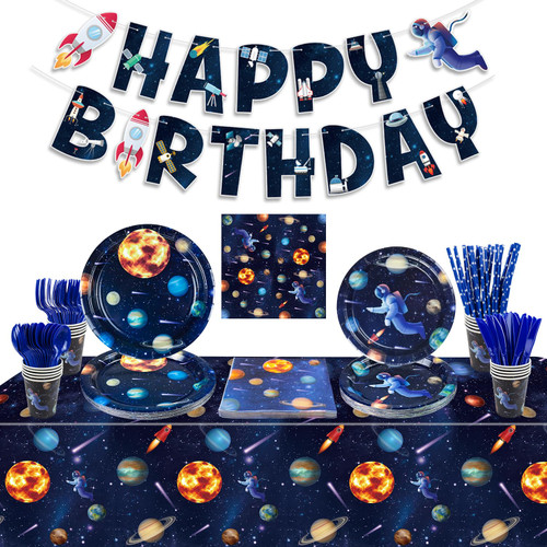 Outer Space Birthday Party Supplies, Include Happy Birthday Banner, Space Plates, Tablecloth, Napkins, Cups, and Straws for Kids Birthday Party Space Solar System Theme Party, Serves 20 Guests