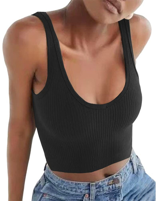 Artfish Women's Sleeveless Shirt Ribbed Fitted Scoop Neck Basic Crop Tank Top Cotton Black, XS