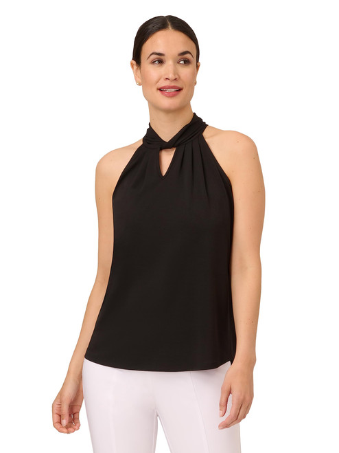 Adrianna Papell Women's Solid Knit Halter Twist Neck TOP, Black